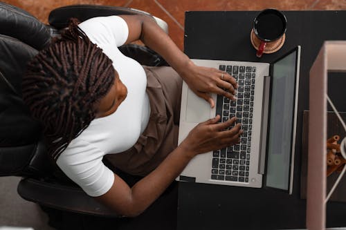 Woman in White Dress Sitting on Brown Wooden Table Using Macbook Pro