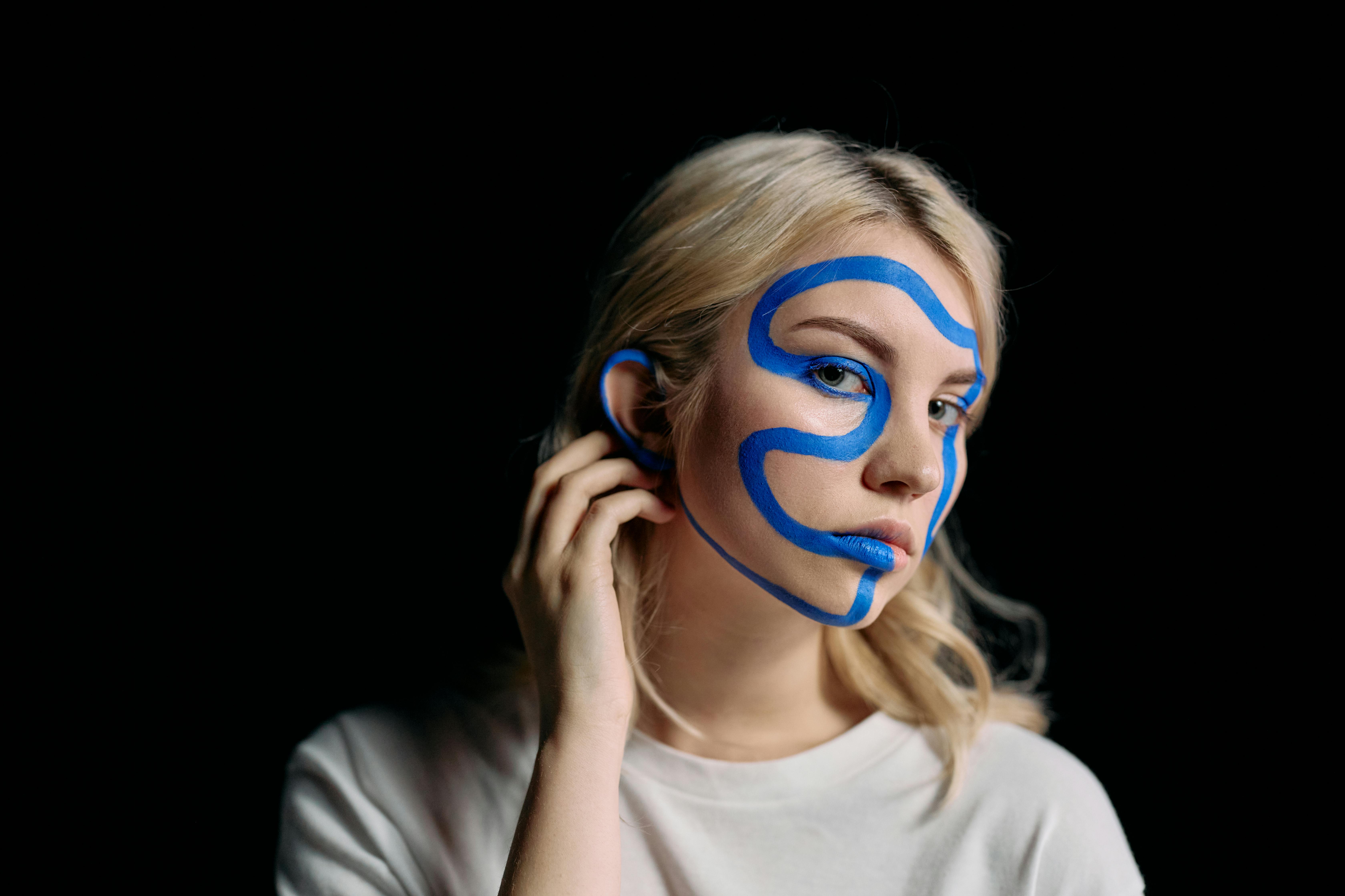 Beautiful Girl Face Painted Blue Paint Stock Photo 1173909763