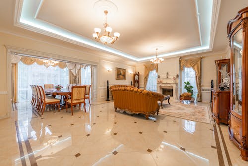 A Wide Angle Shot of a Living Room Near the Dining Area