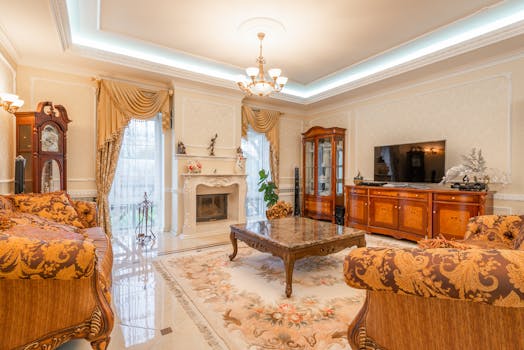 Luxurious vintage living room with elegant furniture and grand decor.