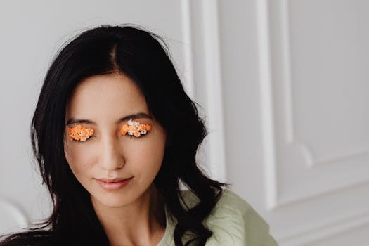 A captivating portrait of a woman with closed eyes adorned with delicate flower petals, exuding artistic charm.