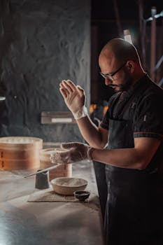 Chef in kitchen preparing food with bamboo steamers and flour. A focus on culinary skill.