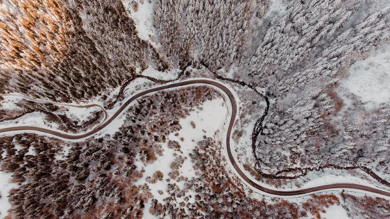 Drone view of curvy roads running through winter forest