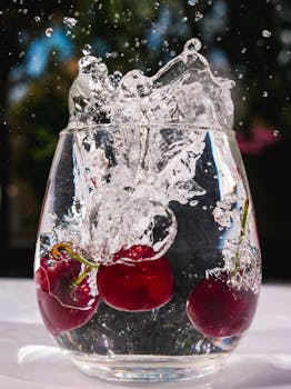 Fresh cherries creating a dramatic splash in a glass of water, vivid and refreshing visual.