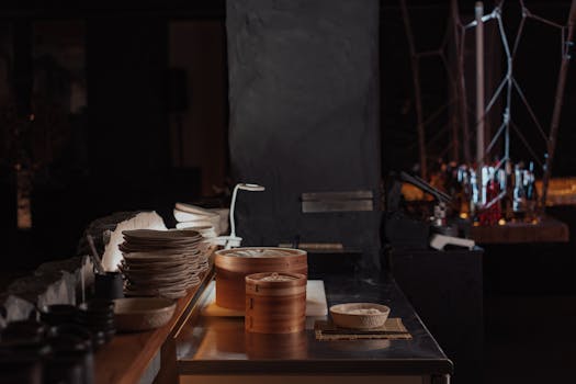 Cozy kitchen scene featuring bamboo steamers on a rustic counter.