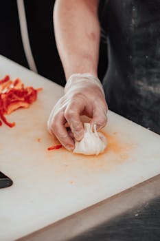 A chef's hand preparing garlic on a chopping board in a kitchen setting.