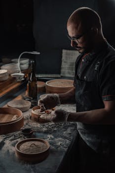 A chef skillfully prepares dumplings using a bamboo steamer in a dimly lit kitchen.