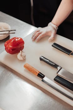Chef's hand with glove, knives, garlic, and pepper ready for cooking prep.