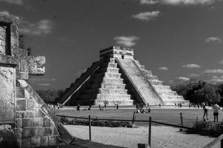 Grayscale Photo Of El Castillo Mayan Pyramid