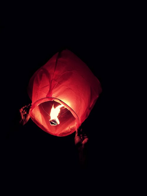 Free Red Sky Lantern With Fire Stock Photo