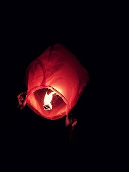 特写镜头中，释放灯笼的手，灯笼的火焰照亮了漆黑的夜空