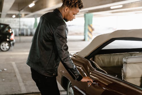 Man in Black  Leather Jacket Opening Car Door