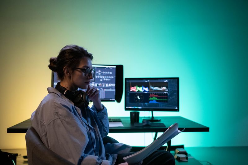 Editor reviewing notes at a dual-monitor desk — photo by Ron Lach on Pexels