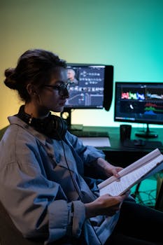 A creative professional wearing headphones reads notes in a dimly lit studio setting with computer screens.