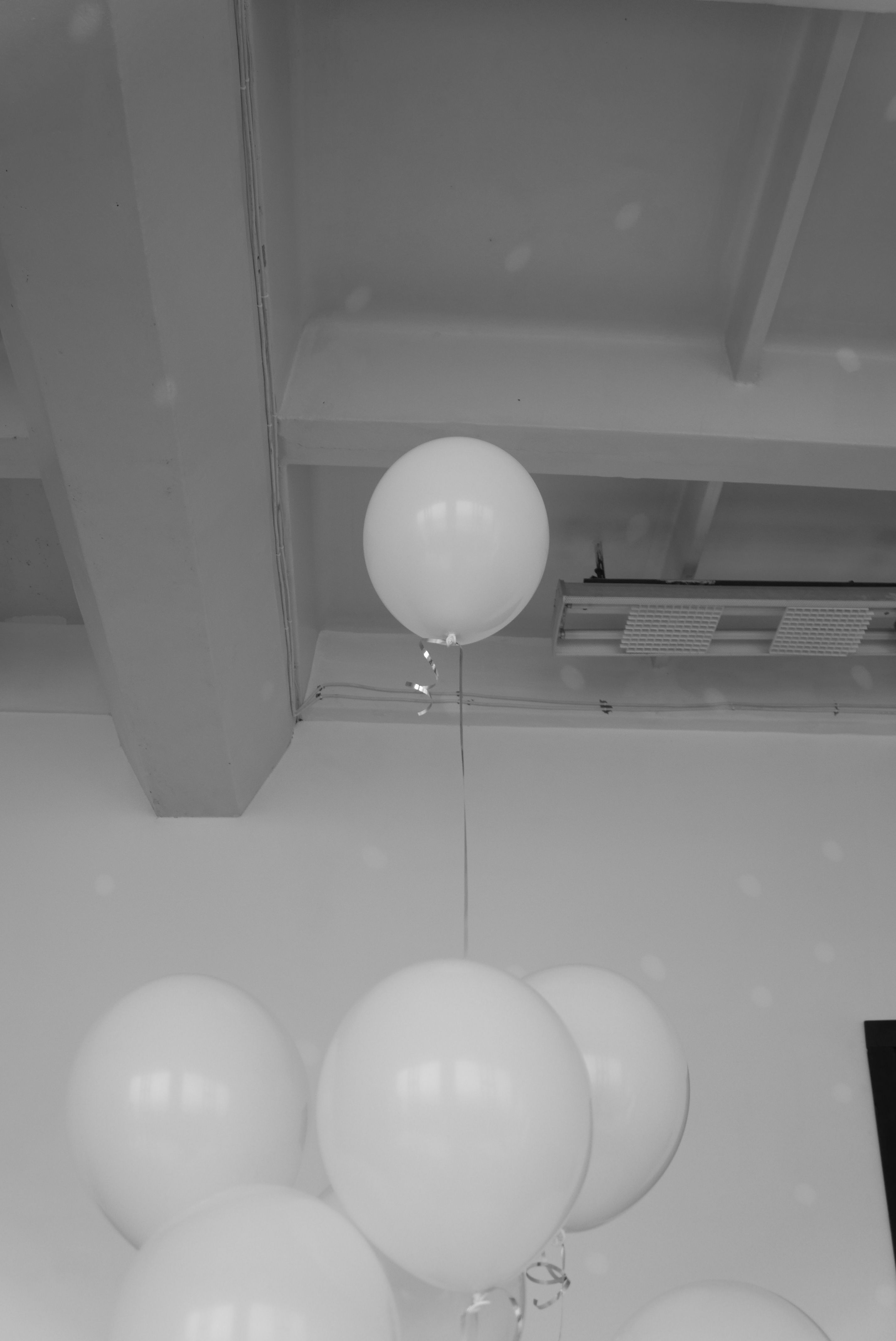 Black and white balloons creatively arranged indoors against a modern ceiling.