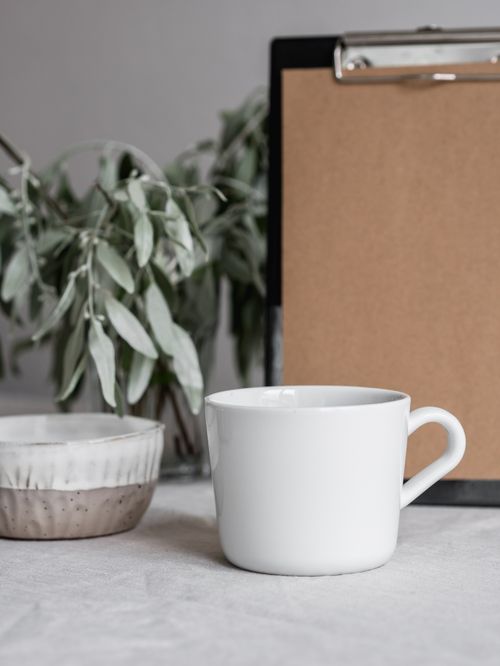 Free Aesthetic minimalist setup featuring a white mug and clipboard with a plant in the background. Stock Photo