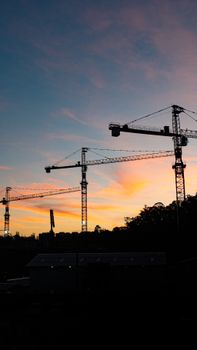 Silhouetted construction cranes with a colorful sunset in São Paulo, Brazil.