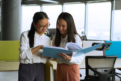 Free Women Discussing Work in the Office Stock Photo