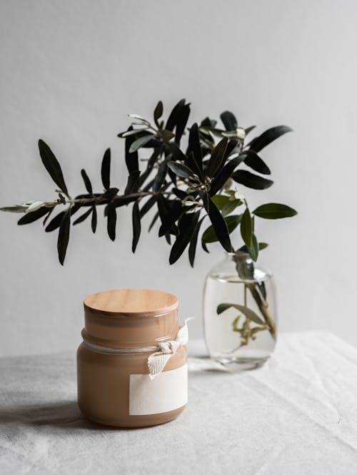 Green Plant in Clear Glass Vase Beside a Jar with Wooden Lid