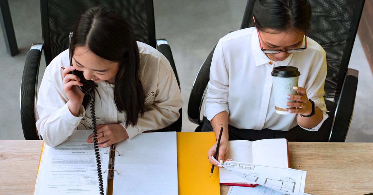 Two women professionals collaborating in a business meeting with documents and phone communication.