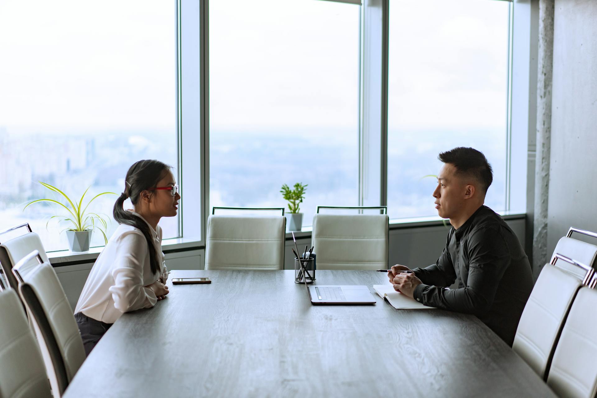 Two professionals engaged in a business meeting in a modern office with city views.