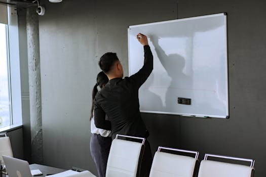 Two professionals brainstorming on a whiteboard during a work meeting.