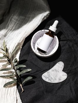 An elegant flat lay of skincare products with leaves on a dark fabric background, exuding luxury.