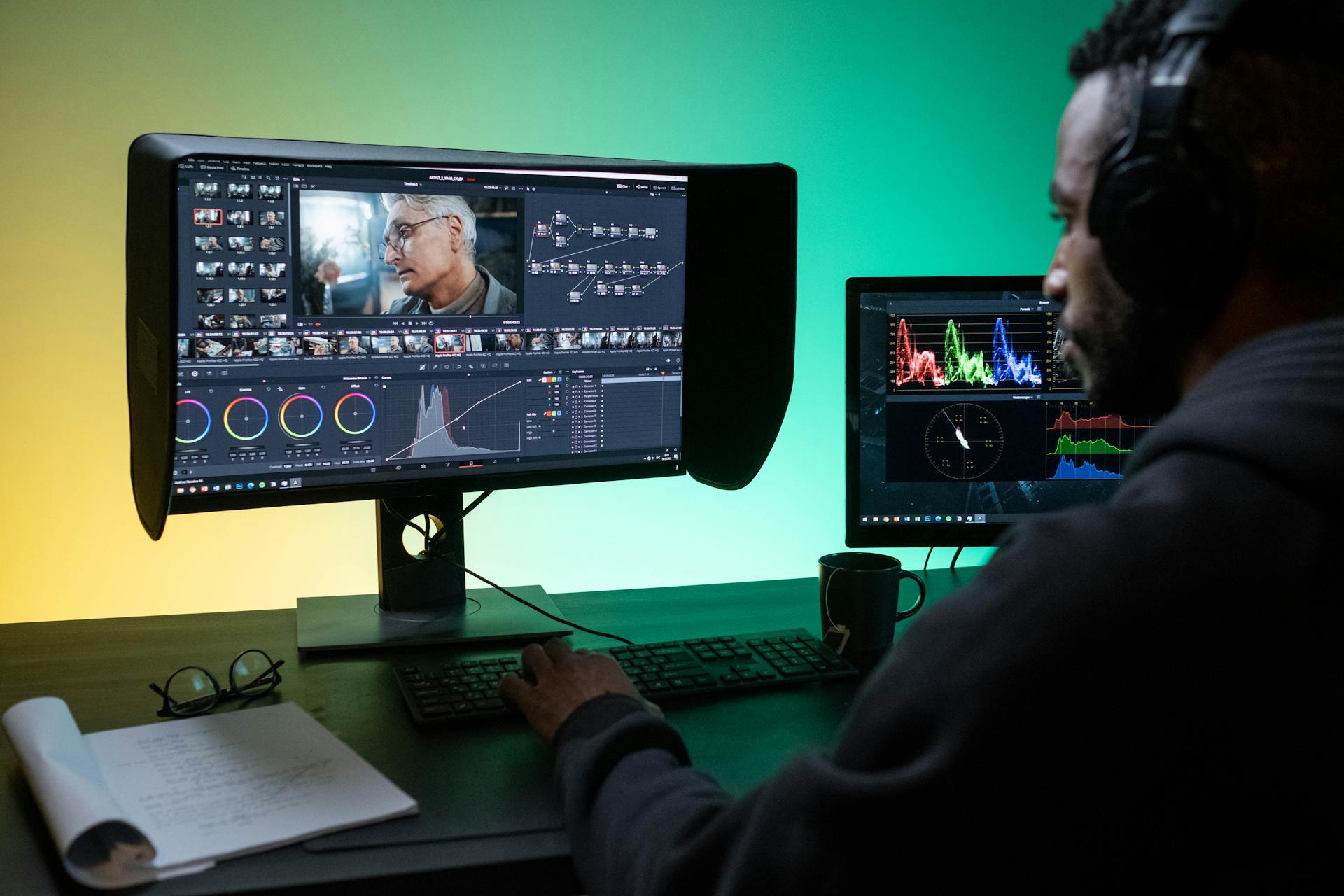 Man Sitting at the Desk and Editing Footage on a Computer