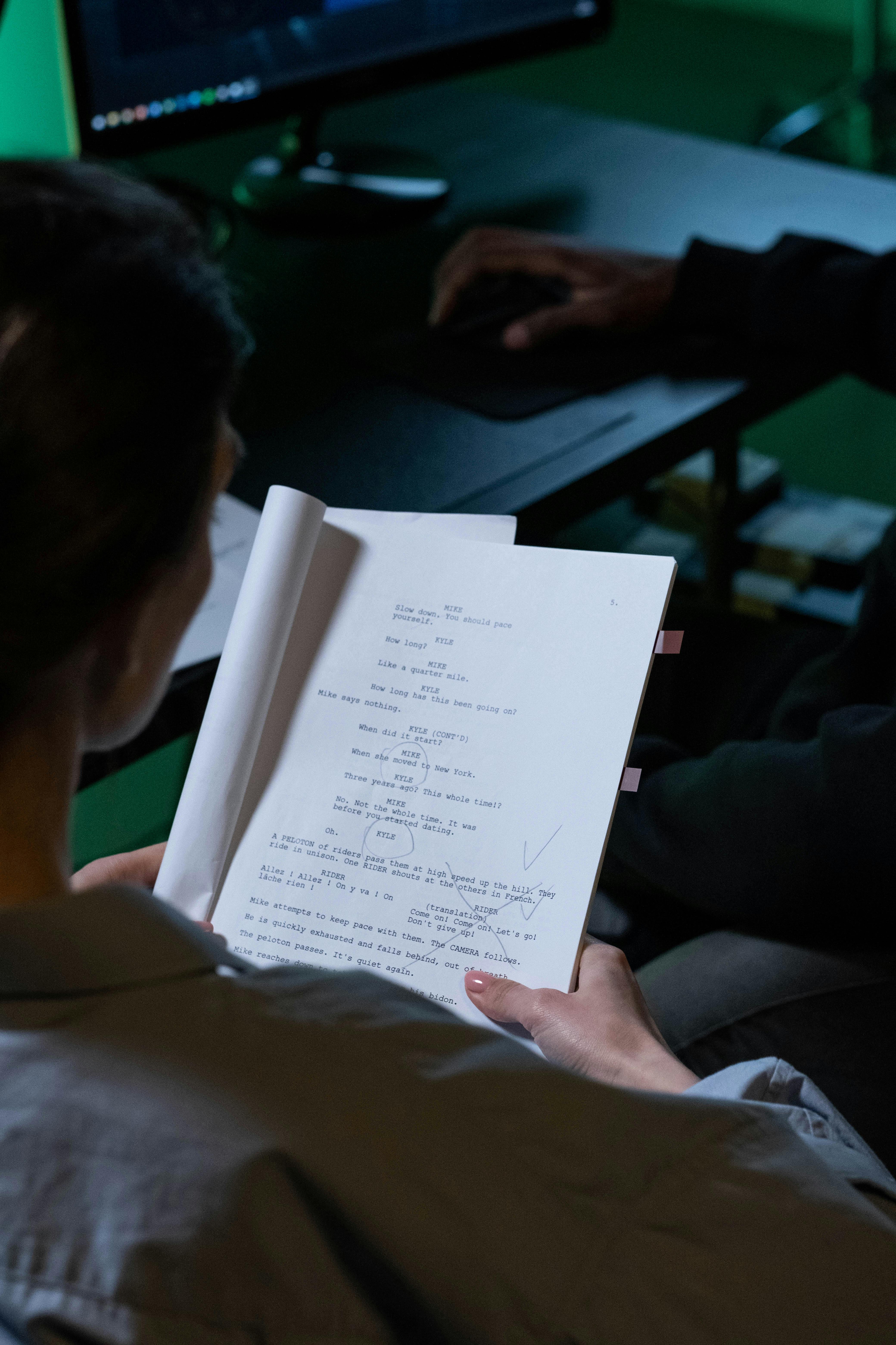 a woman reading a script