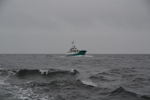 Free A fishing boat navigates through choppy ocean waves under a cloudy sky, showcasing maritime transport. Stock Photo