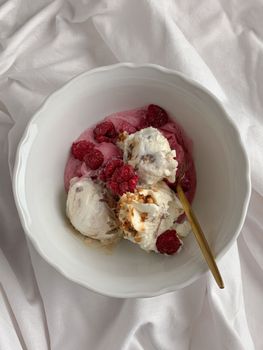 A tempting bowl of raspberry and vanilla ice cream with nuts and fresh raspberries.