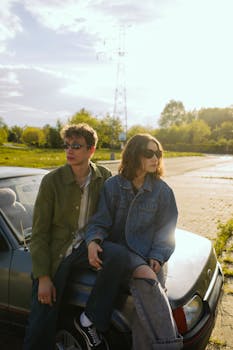 Young couple enjoying a sunny day sitting on a car hood wearing denim and sunglasses.