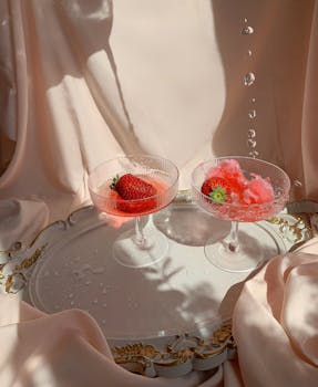 Aesthetic shot of strawberry drinks in elegant glasses on a vintage tray with soft lighting.