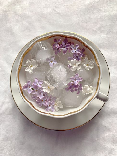 A vintage tea cup with ice cubes and lilac flowers, creating a fresh, elegant scene.