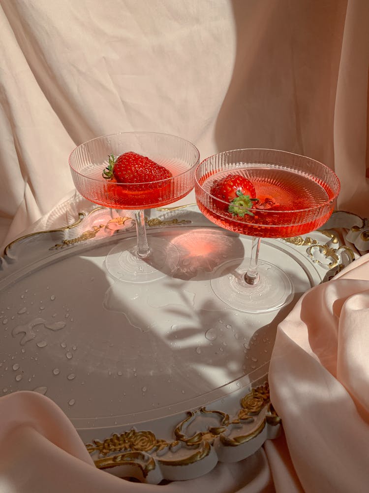 Strawberry Cocktails On A Wet Tray