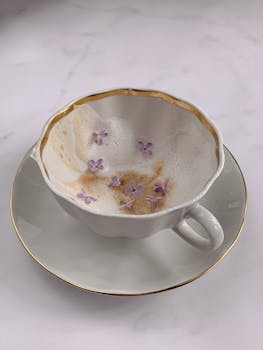 A delicate porcelain cup featuring lavender flowers in foamy coffee, perfect for a calming ambiance.