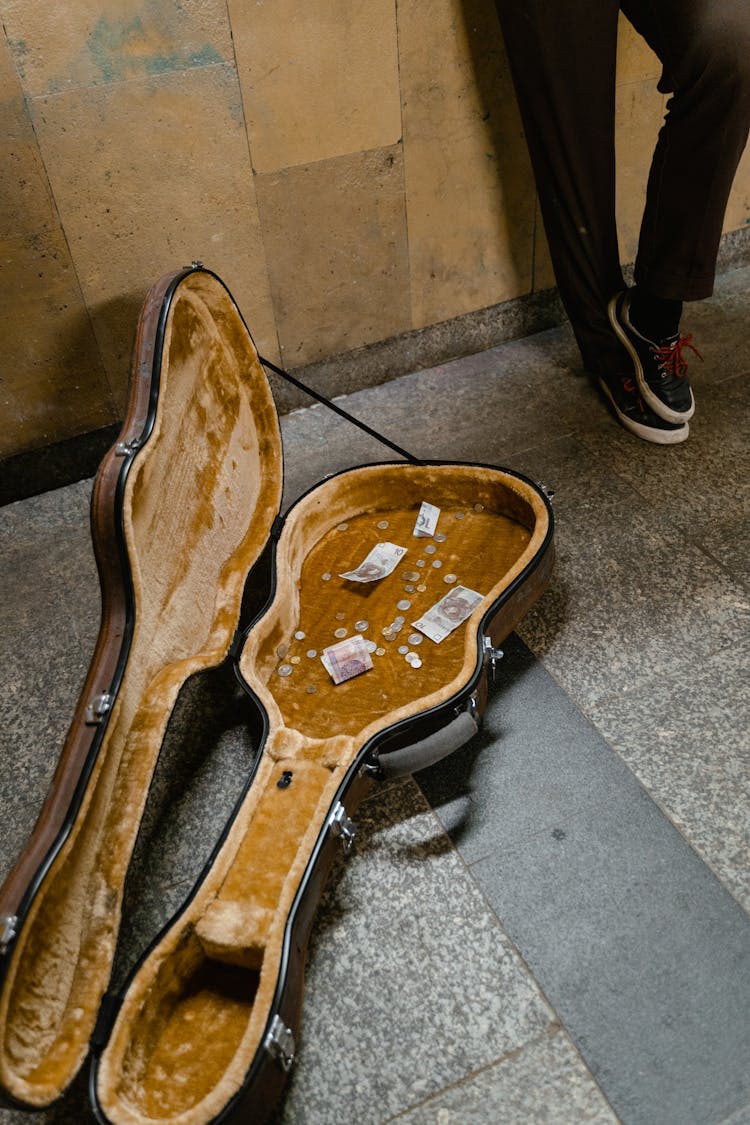 Brown And Black Guitar Case With Money