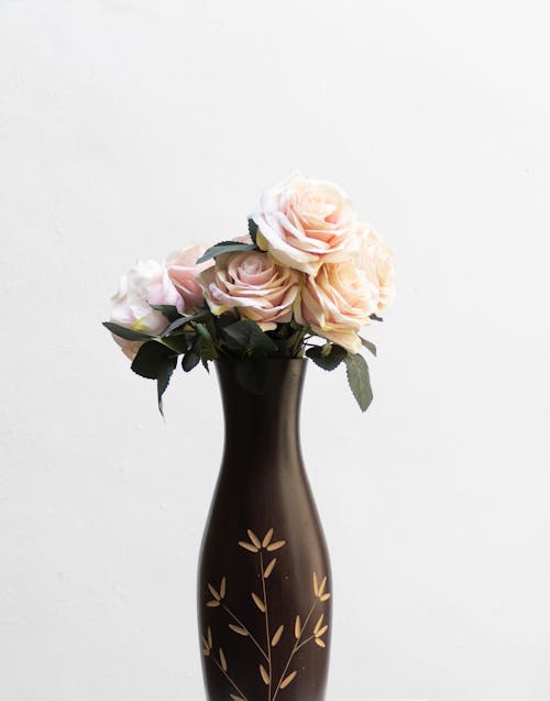 Bunch of fresh delicate roses with pale petals in dark vase on white background