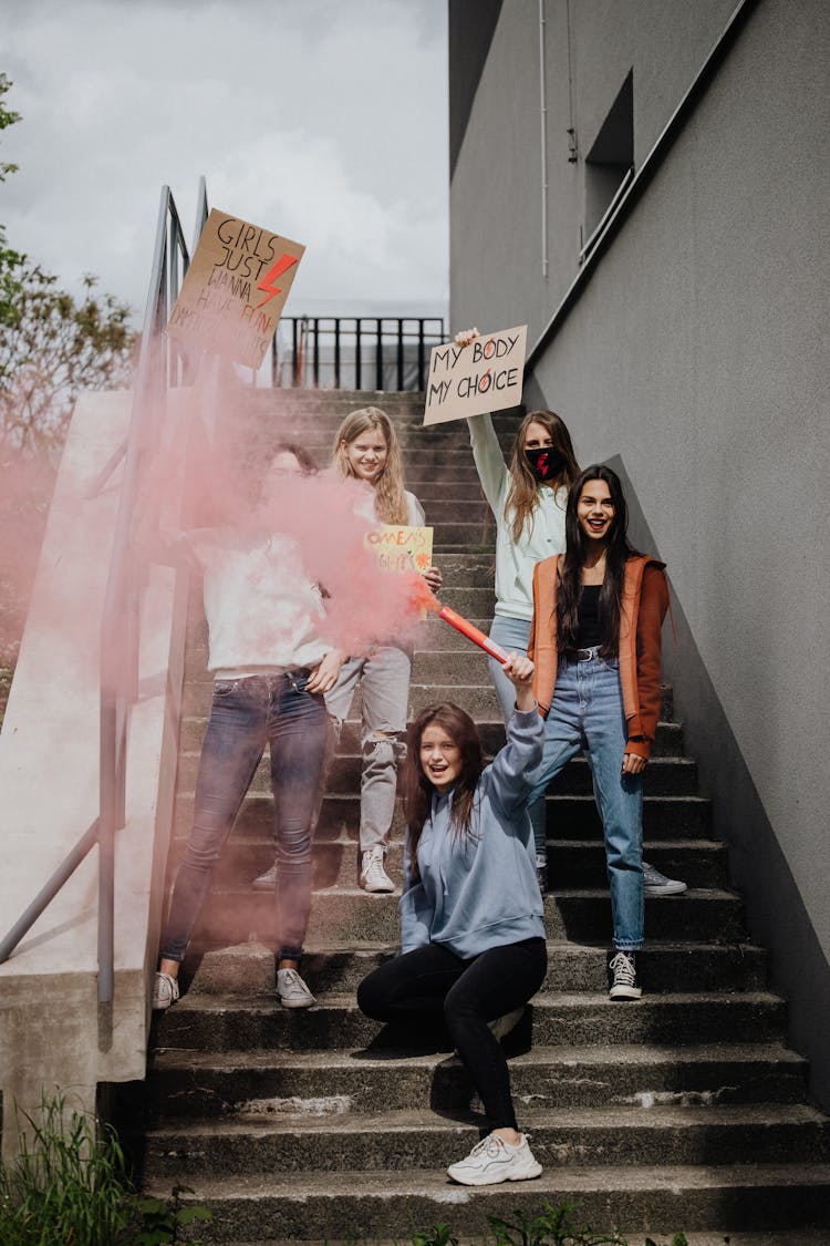 A Group Of Women Protesting While Holding Placards And A Smoke Bomb