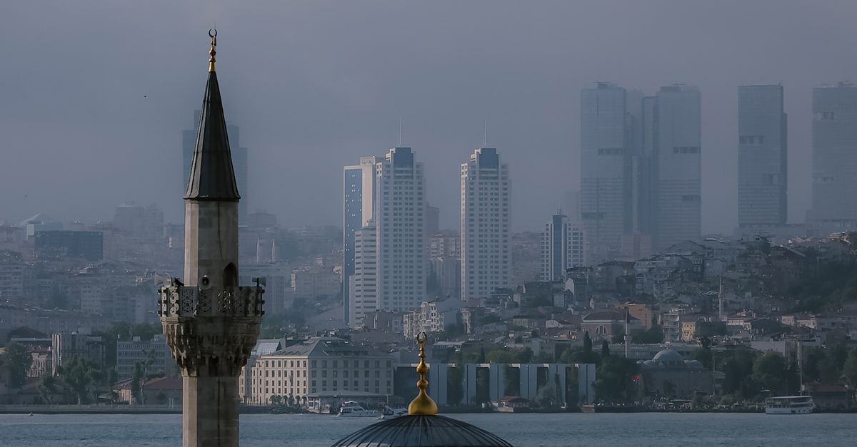 Dolmabahçe Mosque overlooking the Bosphorus, with Istanbul's skyline in a moody atmosphere.