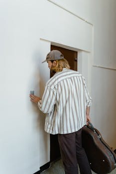 Adult man in stripes turning off switch indoors, holding a musical instrument case.