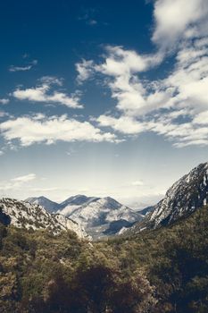 A dramatic winter landscape of the mountains and forest in Antalya, Türkiye.