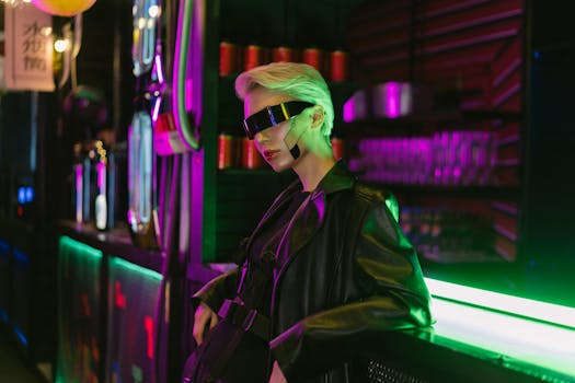 A woman in cyberpunk style eyewear and leather jacket in a neon-lit bar setting.