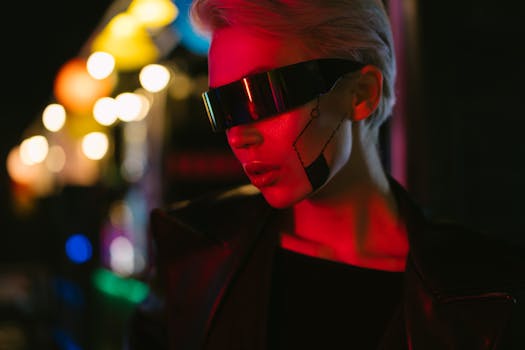 A striking cyberpunk fashion portrait featuring futuristic eyewear and neon lighting.