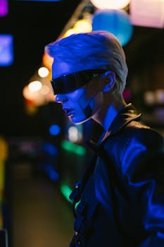 Explore a futuristic cyberpunk theme with a stylish person in vibrant lighting.