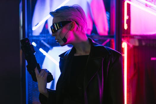 A woman in cyberpunk attire holding a gun, set against vibrant neon lights.