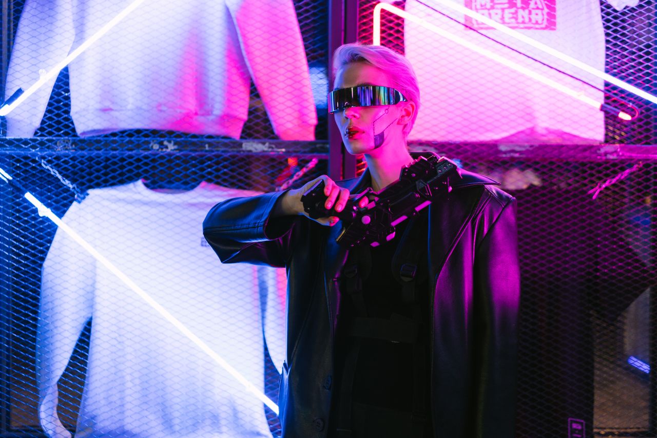 a futuristic woman in a cyberpunk outfit with neon lights and eyewear