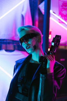 A futuristic woman in cyberpunk fashion holds a high-tech weapon under neon lights.