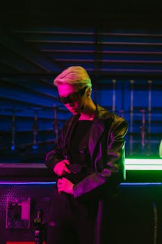 A stylish woman in futuristic eyewear and leather jacket under vibrant neon lights.