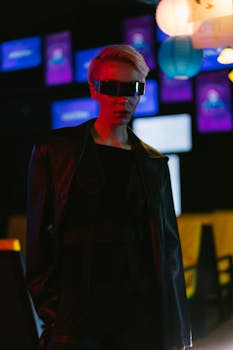 A fashion model in cyberpunk-themed attire and eyewear, shot indoors.